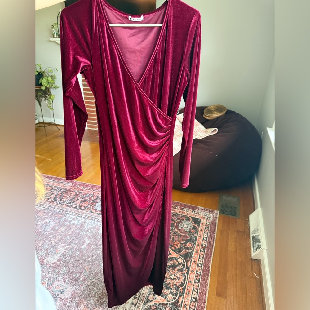 Red Velvet Plunge Neck Dolman Sleeve Gown